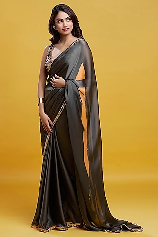 Charcoal Grey Satin Embroidered Saree Set by Phatakaa