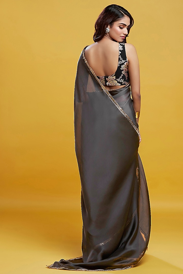 Charcoal Grey Satin Embroidered Party Wear Saree Set by Phatakaa at Pernia's Pop Up Shop