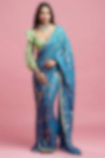 Teal Georgette & Recycled Polyester Saree Set by Phatakaa at Pernia's Pop Up Shop