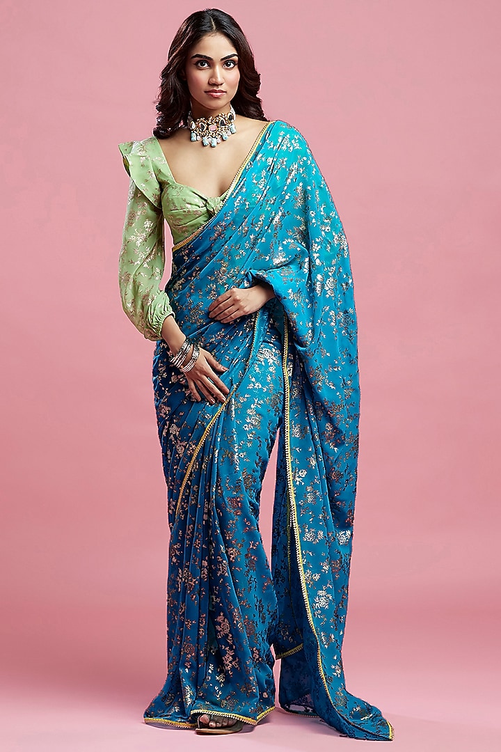 Teal Georgette & Recycled Polyester Saree Set by Phatakaa at Pernia's Pop Up Shop