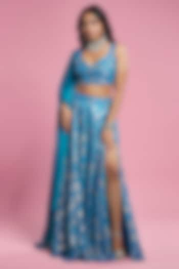 Turquoise Recycled Polyester Lehenga Set by Phatakaa at Pernia's Pop Up Shop