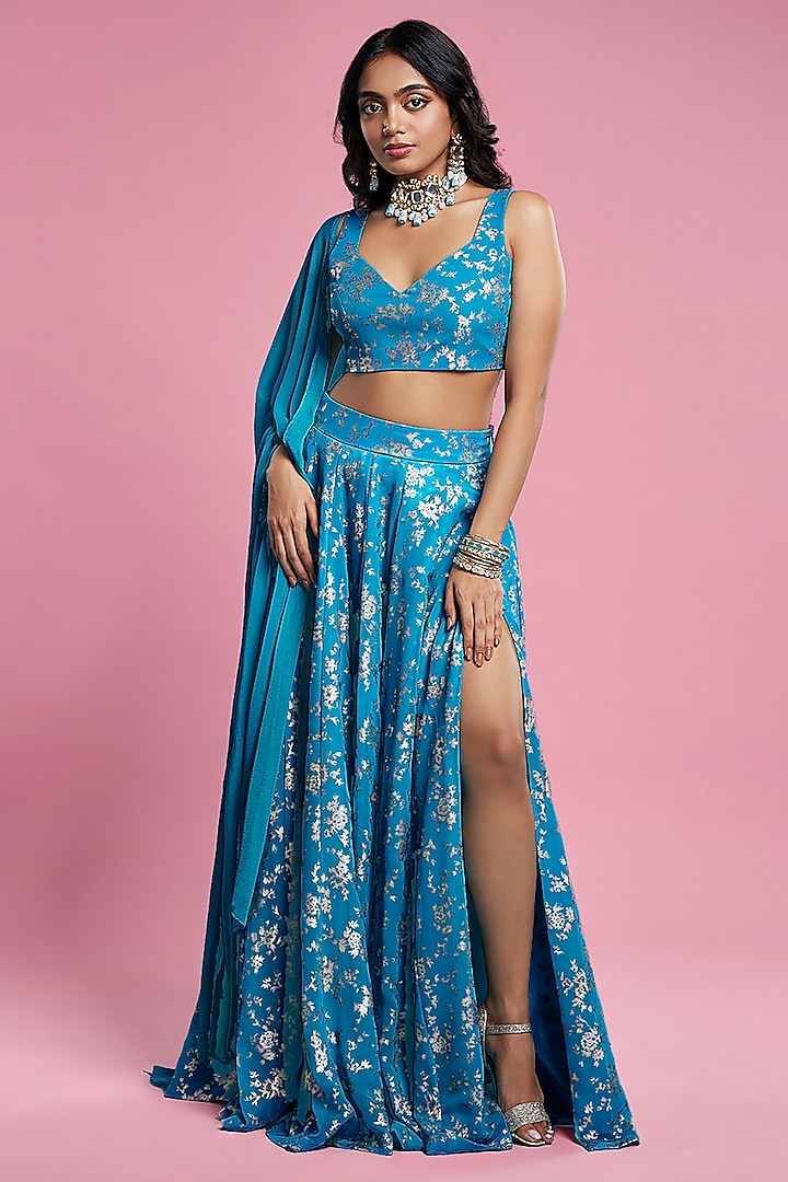 Turquoise Recycled Polyester Lehenga Set by Phatakaa at Pernia's Pop Up Shop