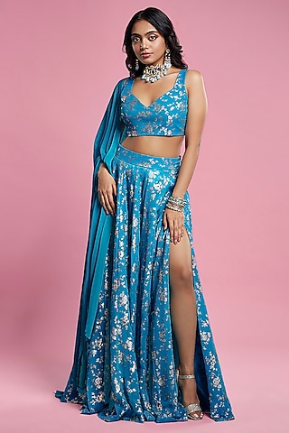 Teal Recycled Polyester Lehenga Set by Phatakaa