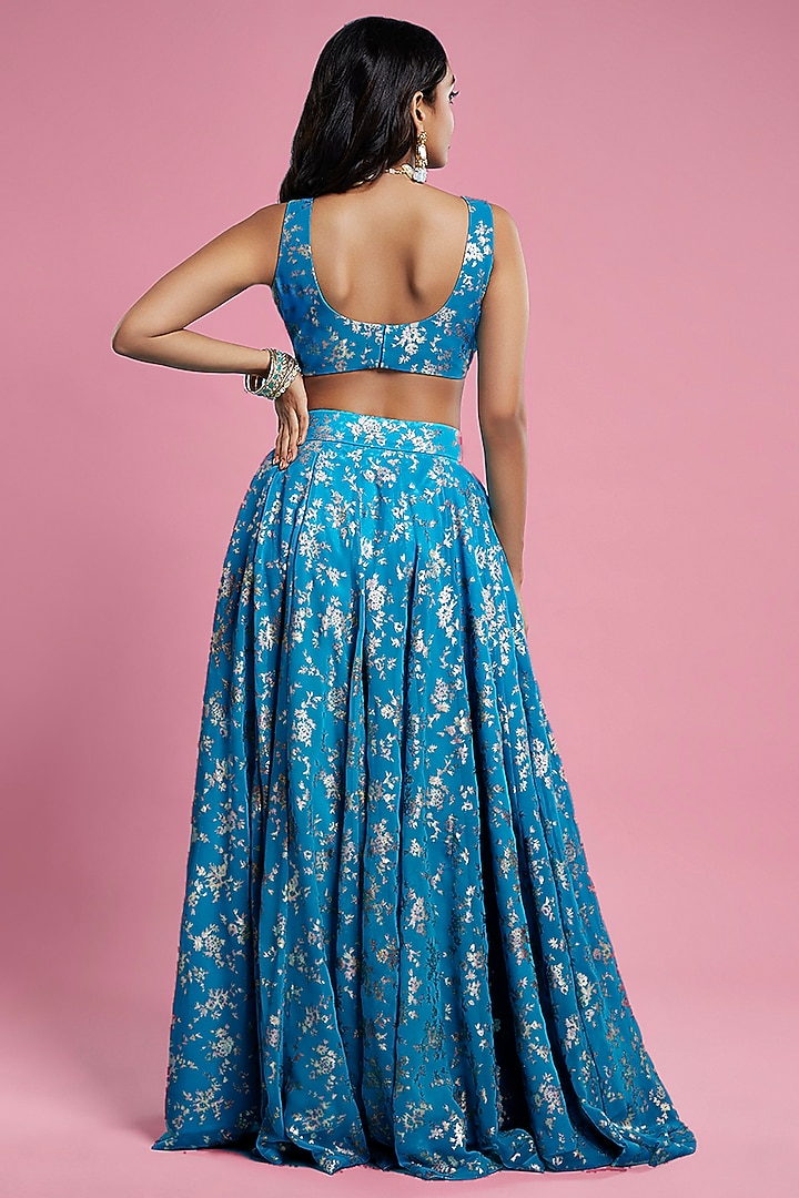 Teal Recycled Polyester Lehenga Set by Phatakaa at Pernia's Pop Up Shop