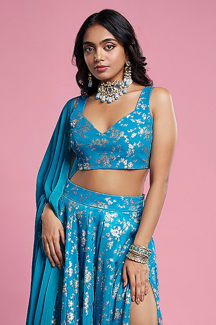 Teal Recycled Polyester Lehenga Set by Phatakaa at Pernia's Pop Up Shop