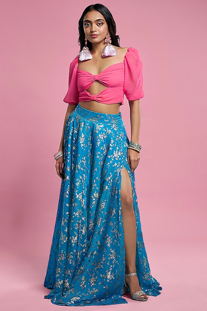 Turquoise Recycled Polyester Lehenga Set by Phatakaa at Pernia's Pop Up Shop