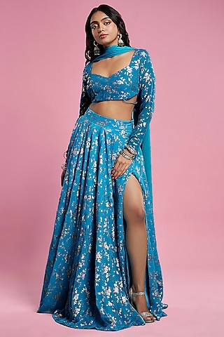 Teal Recycled Polyester Lehenga Set by Phatakaa
