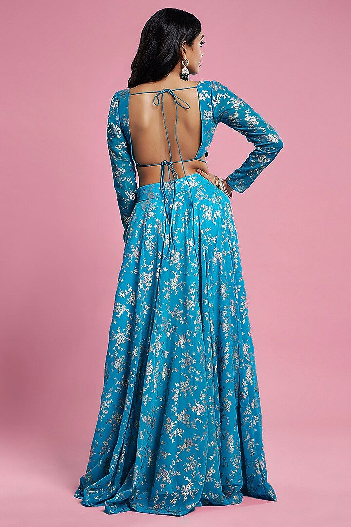 Teal Recycled Polyester Lehenga Set by Phatakaa at Pernia's Pop Up Shop