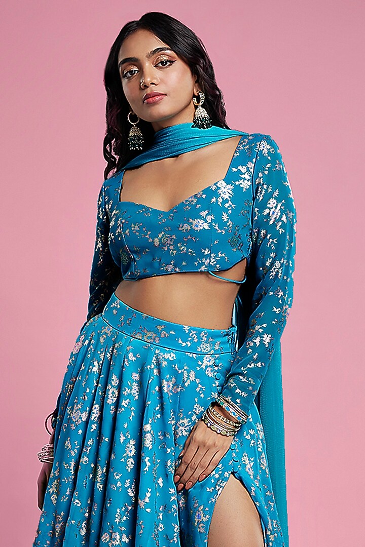 Teal Recycled Polyester Lehenga Set by Phatakaa at Pernia's Pop Up Shop