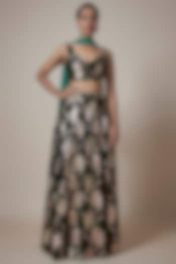 Black Metallic Polyester Foil Printed Lehenga Set by Phatakaa at Pernia's Pop Up Shop