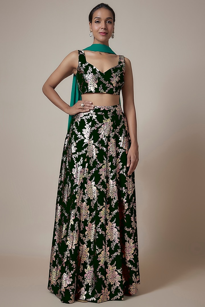 Black Metallic Polyester Foil Printed Lehenga Set by Phatakaa at Pernia's Pop Up Shop