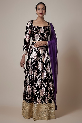 Black Recycled Polyester Metallic Embroidered & Foil Printed Lehenga Set by Phatakaa