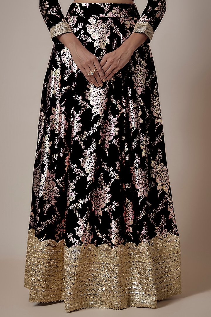 Black Recycled Polyester Metallic Embroidered & Foil Printed Wedding Lehenga Set by Phatakaa at Pernia's Pop Up Shop