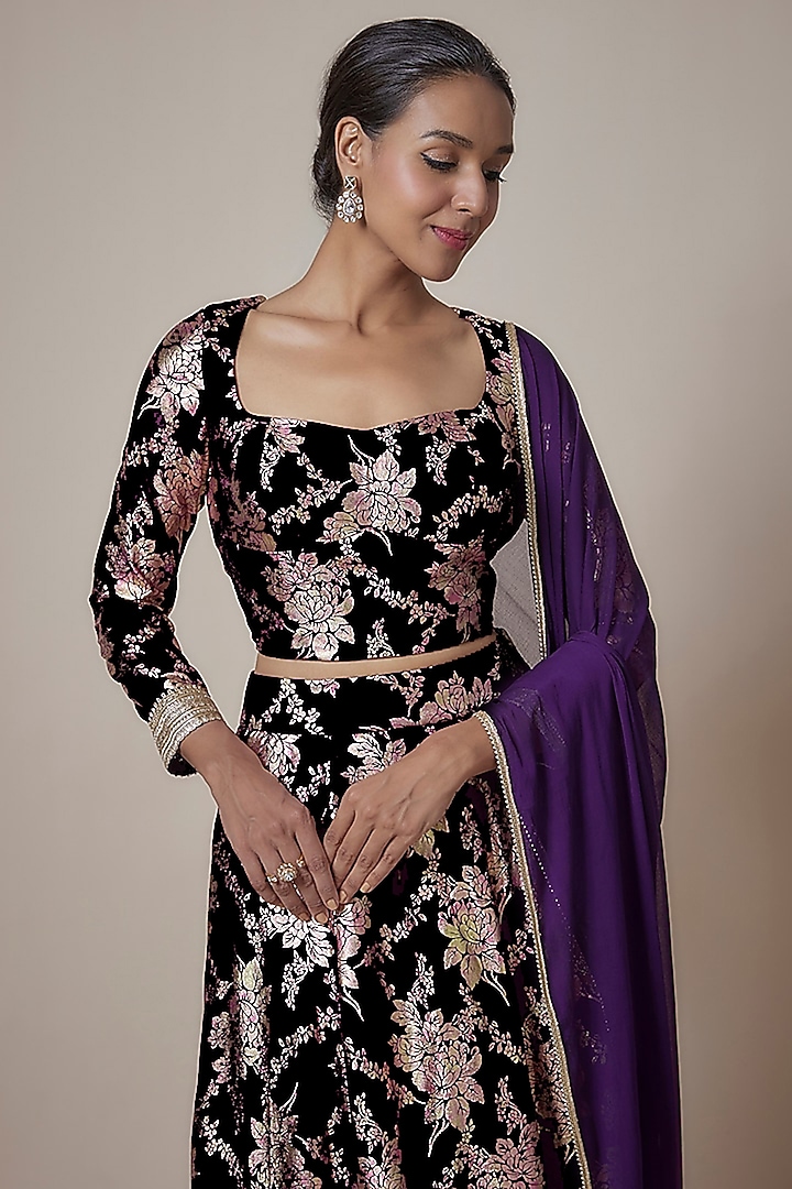 Black Recycled Polyester Metallic Embroidered & Foil Printed Wedding Lehenga Set by Phatakaa at Pernia's Pop Up Shop