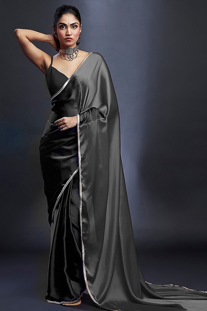 Black & Charcoal Satin Embellished Color-Blocked Saree Set by Phatakaa at Pernia's Pop Up Shop