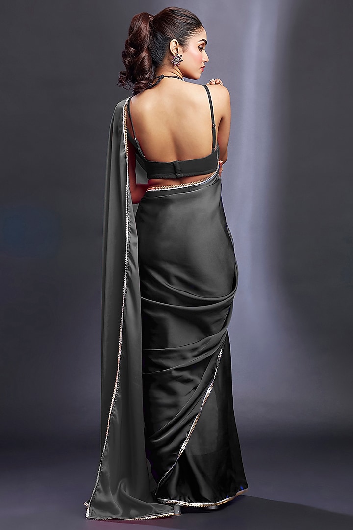 Black & Charcoal Satin Embellished Color-Blocked Party Wear Saree Set by Phatakaa at Pernia's Pop Up Shop