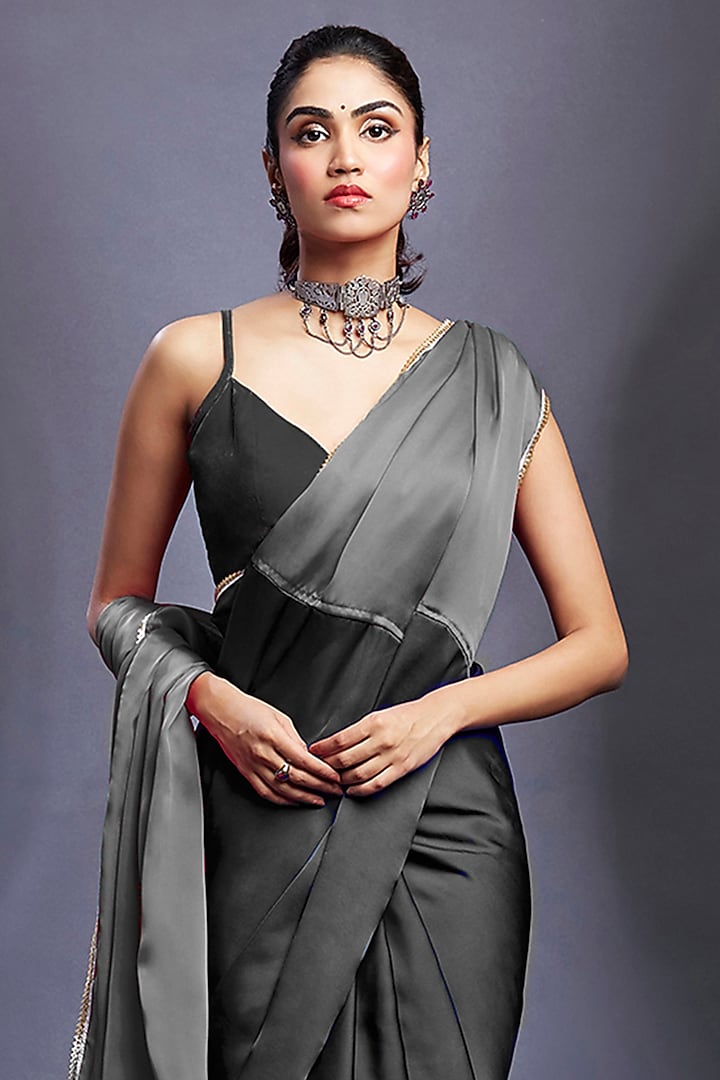 Black & Charcoal Satin Embellished Color-Blocked Party Wear Saree Set by Phatakaa at Pernia's Pop Up Shop