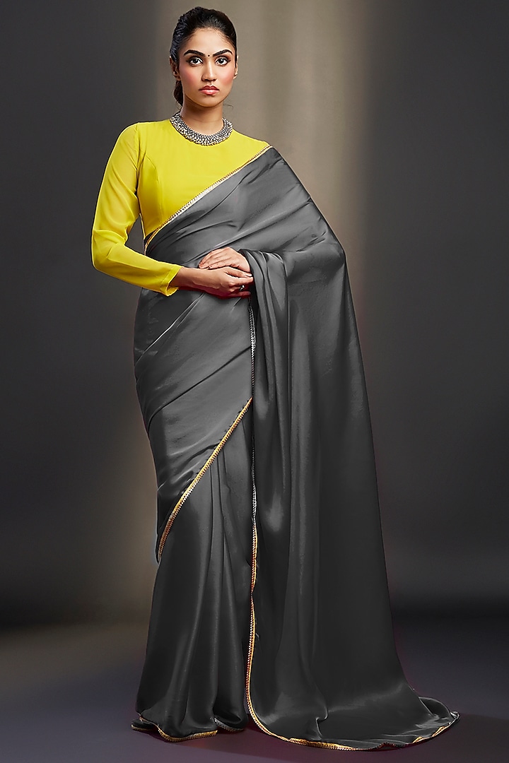 Charcoal Satin Embellished Saree Set by Phatakaa at Pernia's Pop Up Shop