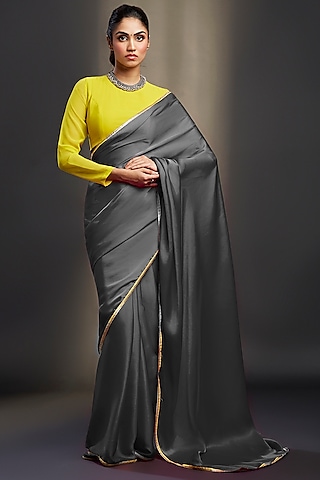 Charcoal Satin Embellished Saree Set by Phatakaa