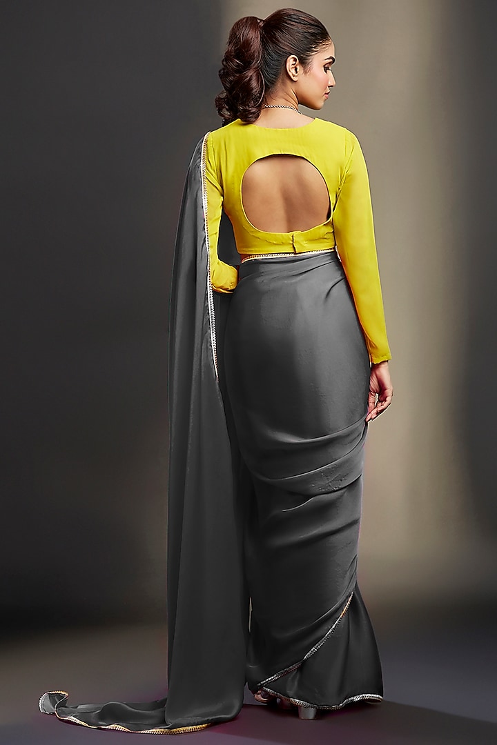 Charcoal Satin Embellished Party Wear Saree Set by Phatakaa at Pernia's Pop Up Shop