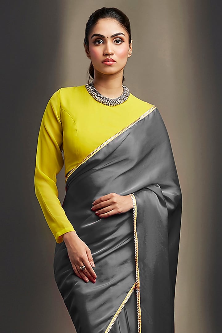 Charcoal Satin Embellished Party Wear Saree Set by Phatakaa at Pernia's Pop Up Shop