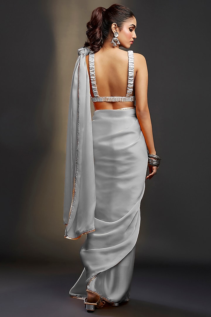Silver Satin Embellished Party Wear Saree Set by Phatakaa at Pernia's Pop Up Shop