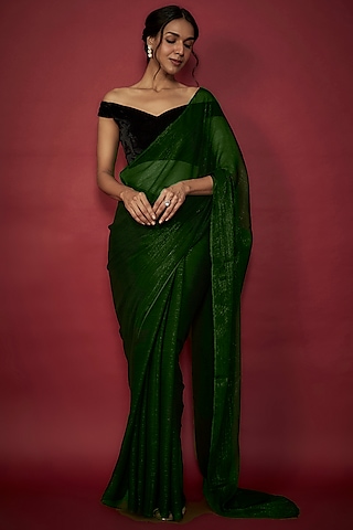 Emerald Green Chiffon Zari Embroidered Saree Set by Phatakaa