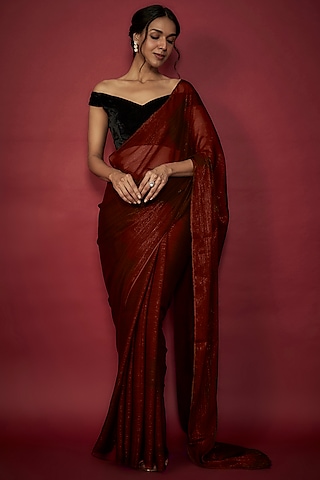Maroon Chiffon Zari Embroidered Saree Set by Phatakaa