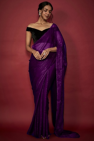 Purple Chiffon Zari Embroidered Saree Set by Phatakaa