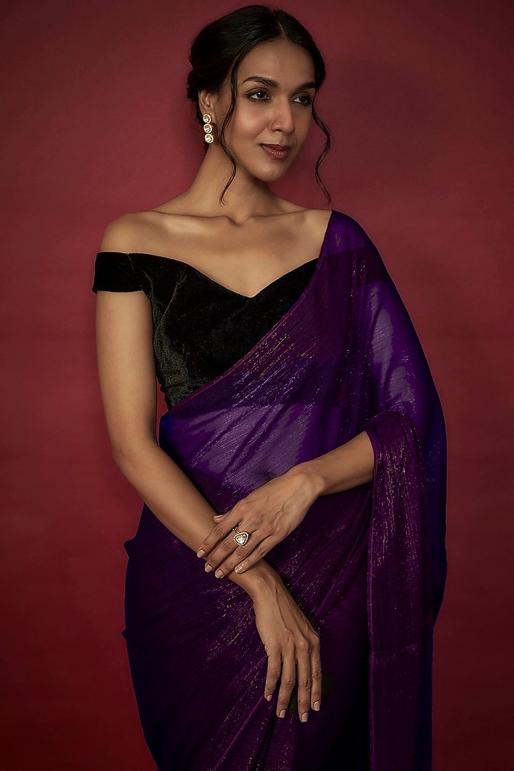 Purple Chiffon Zari Embroidered Party Wear Saree Set by Phatakaa at Pernia's Pop Up Shop