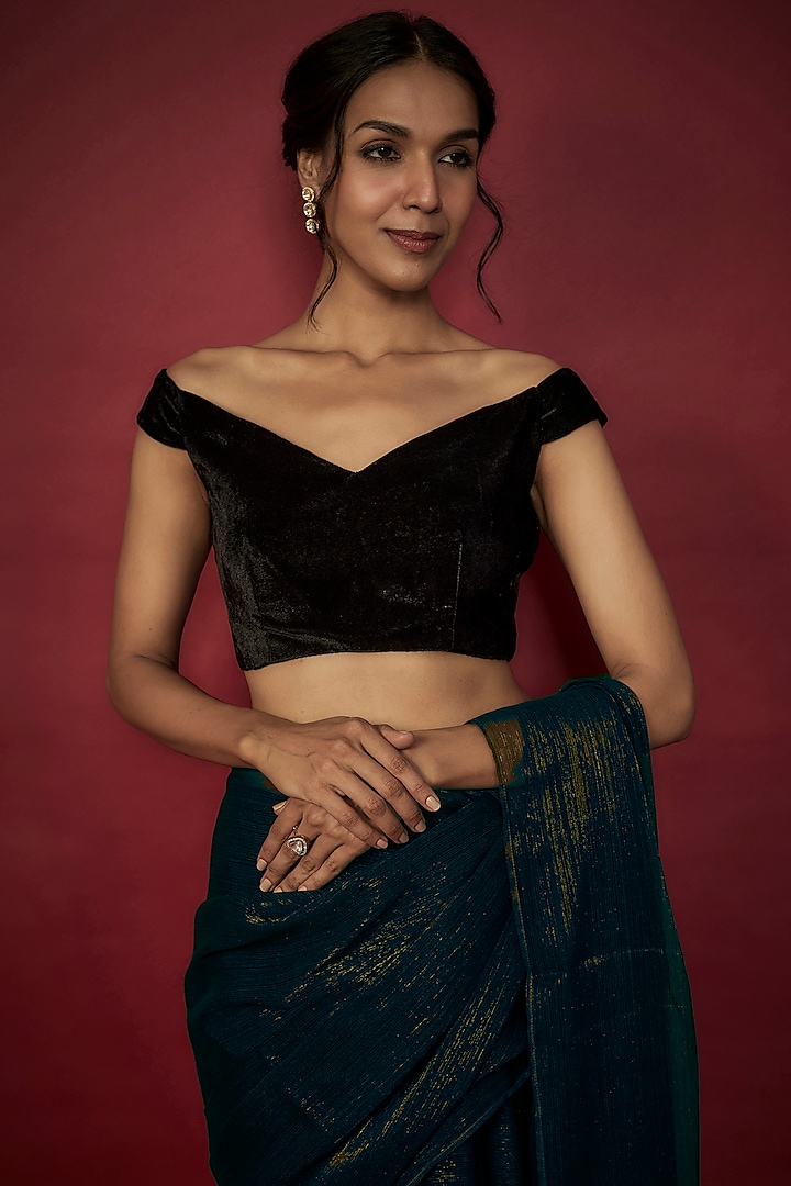 Teal Chiffon Zari Embroidered Party Wear Saree Set by Phatakaa at Pernia's Pop Up Shop
