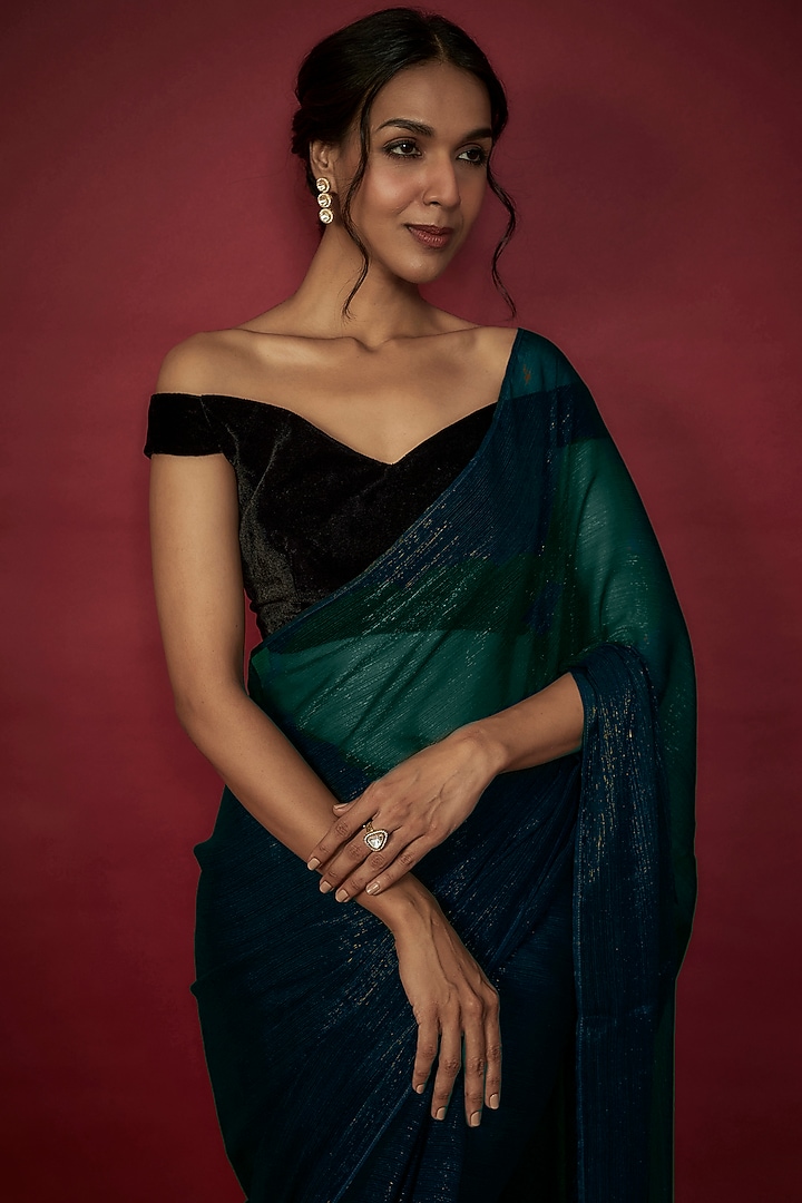 Teal Chiffon Zari Embroidered Party Wear Saree Set by Phatakaa at Pernia's Pop Up Shop