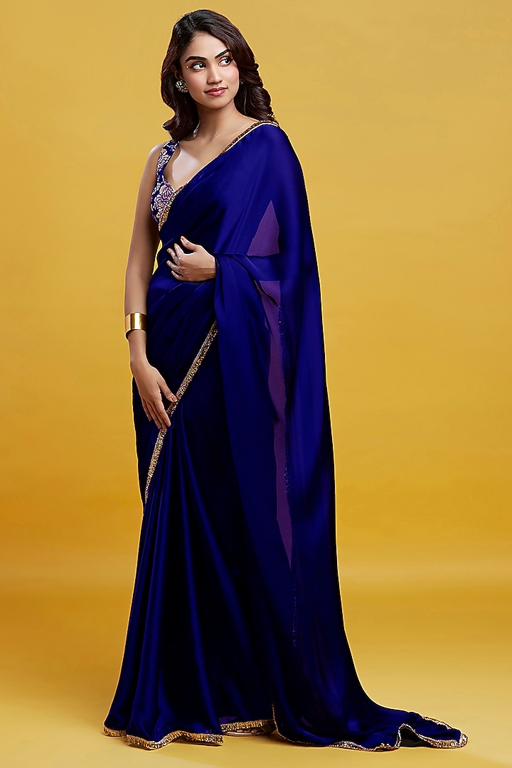 Navy Satin Georgette Gota Fringe Border Saree Set by Phatakaa at Pernia's Pop Up Shop