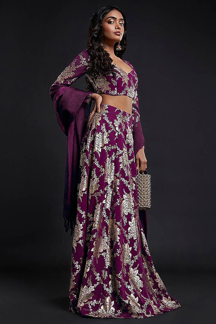 Maroon Recycled Polyester Foil Printed Lehenga Set by Phatakaa