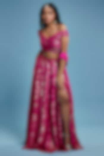 Hot Pink Recycled Polyester Foil Printed Lehenga Set by Phatakaa