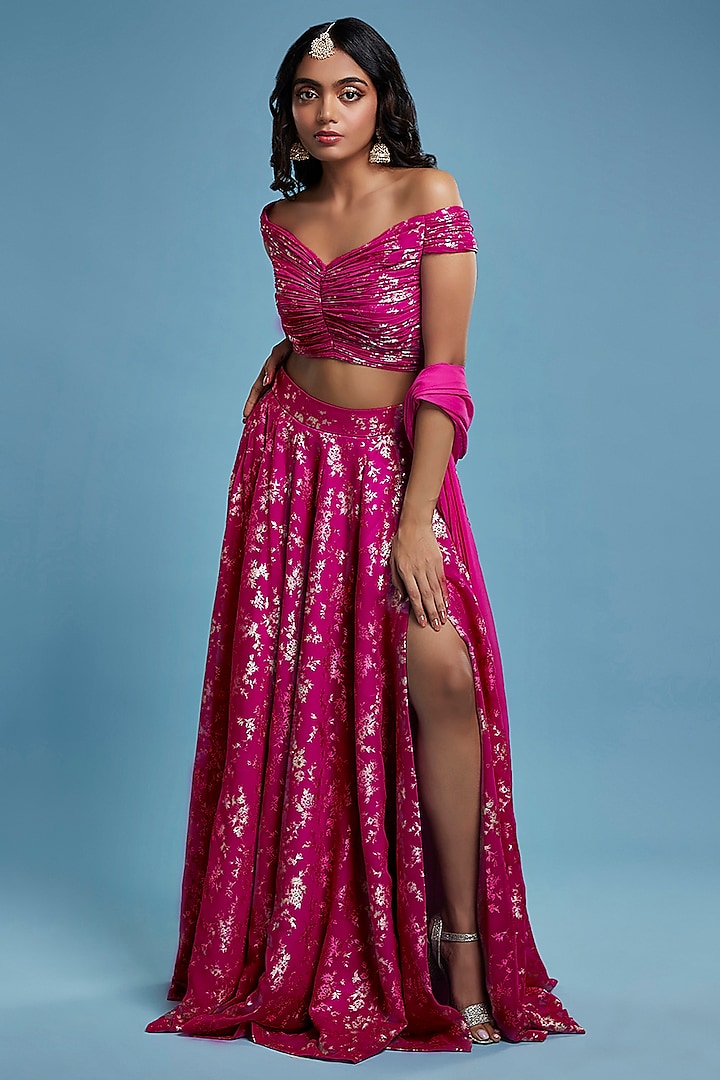 Hot Pink Recycled Polyester Foil Printed Lehenga Set by Phatakaa
