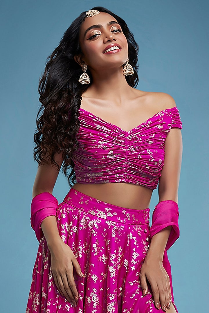 Hot Pink Recycled Polyester Foil Printed Lehenga Set by Phatakaa at Pernia's Pop Up Shop