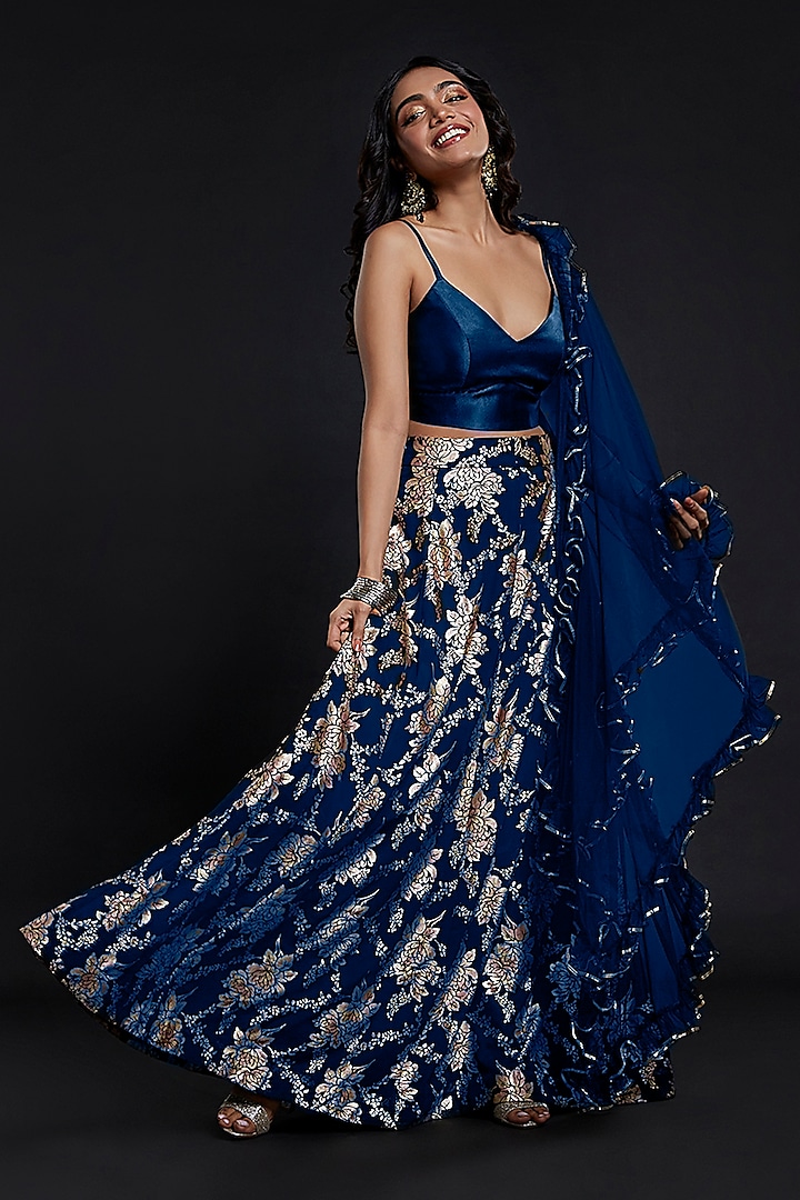 Navy Recycled Polyester Foil Printed Lehenga Set by Phatakaa
