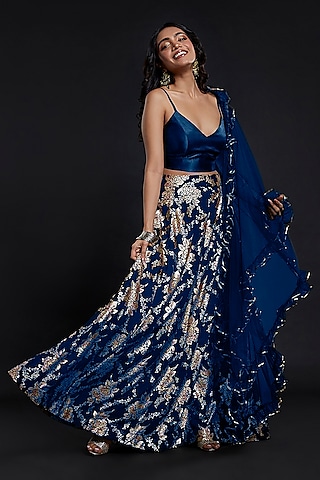 Navy Recycled Polyester Foil Printed Lehenga Set by Phatakaa