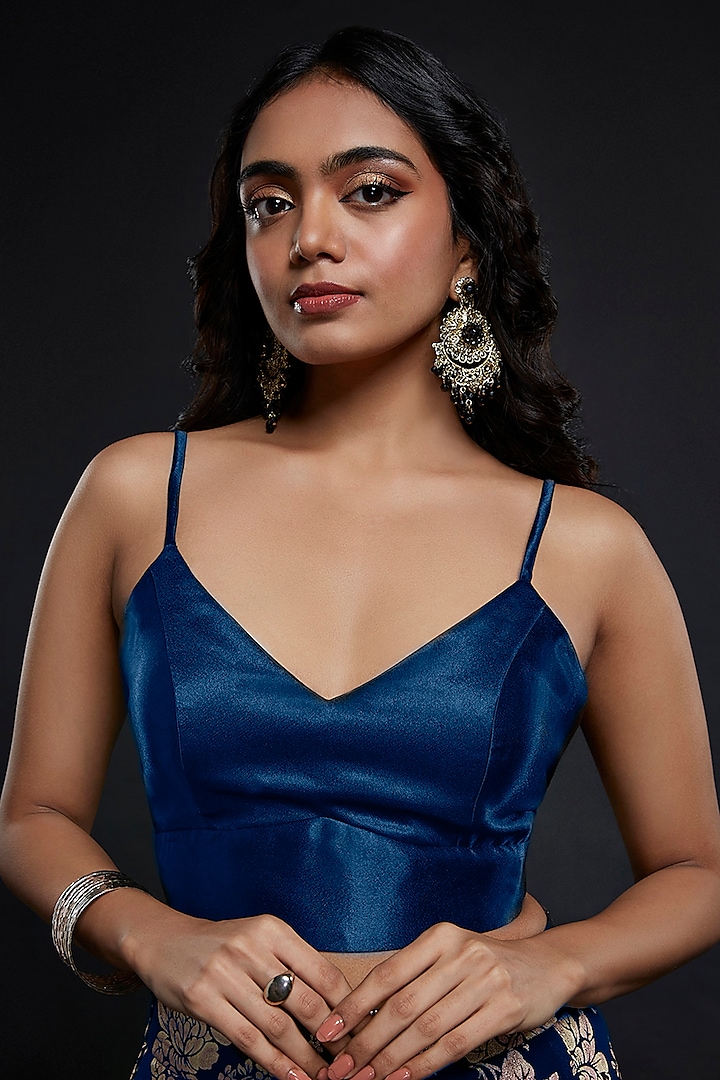 Navy Recycled Polyester Foil Printed Lehenga Set by Phatakaa at Pernia's Pop Up Shop