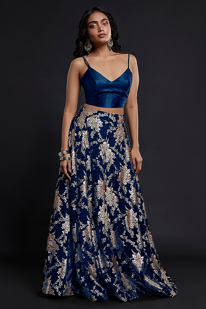 Navy Recycled Polyester Foil Printed Lehenga Set by Phatakaa at Pernia's Pop Up Shop