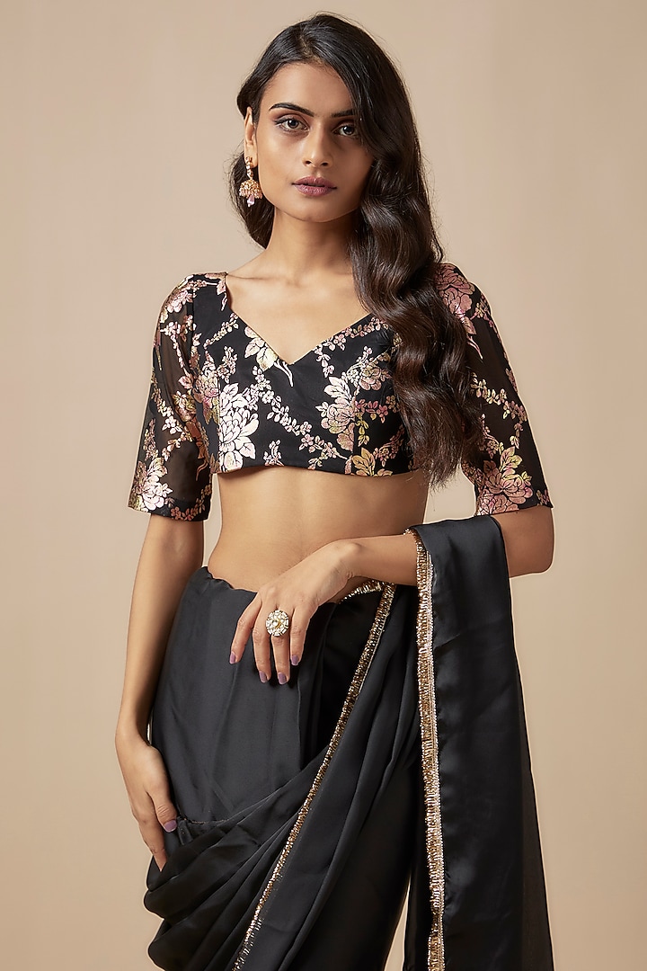 Black Satin Georgette Metallic Embroidered Fringed Party Wear Saree Set by Phatakaa at Pernia's Pop Up Shop