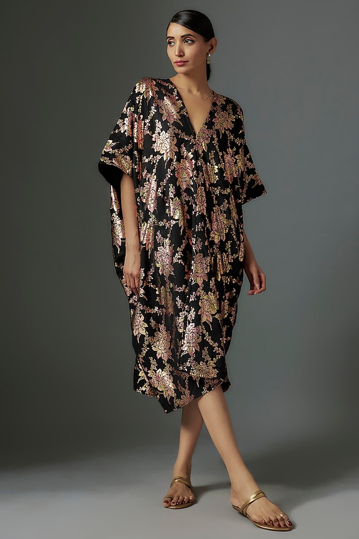 Black Recycled Polyester Foil Printed Kaftan by Phatakaa