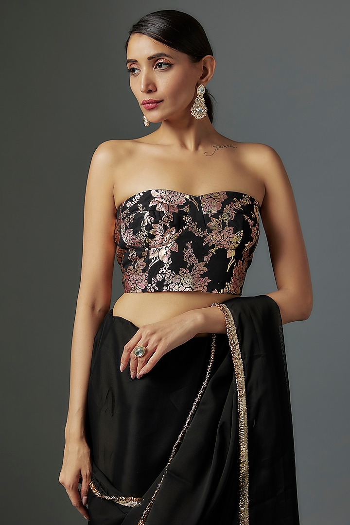 Black Satin Georgette Metallic Fringed Party Wear Saree Set by Phatakaa at Pernia's Pop Up Shop
