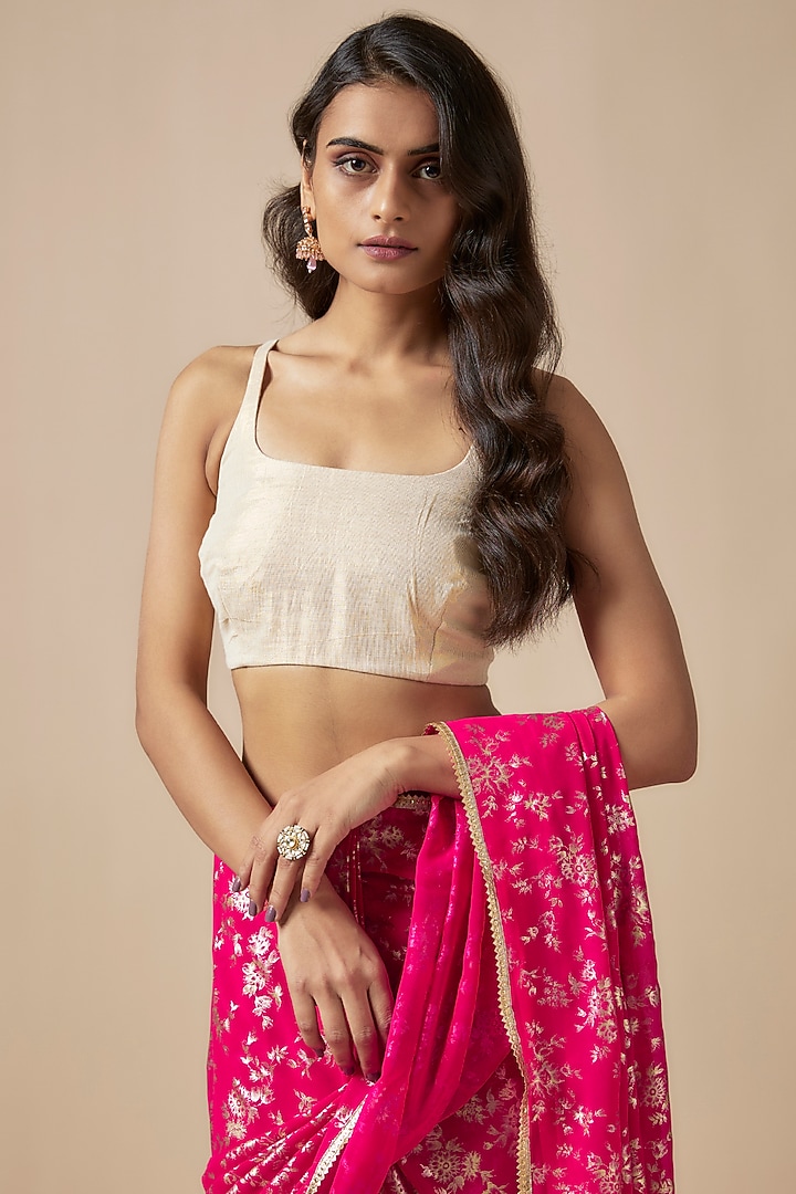 Rani-Pink Recycled Polyester Foil Printed Party Wear Saree Set by Phatakaa at Pernia's Pop Up Shop