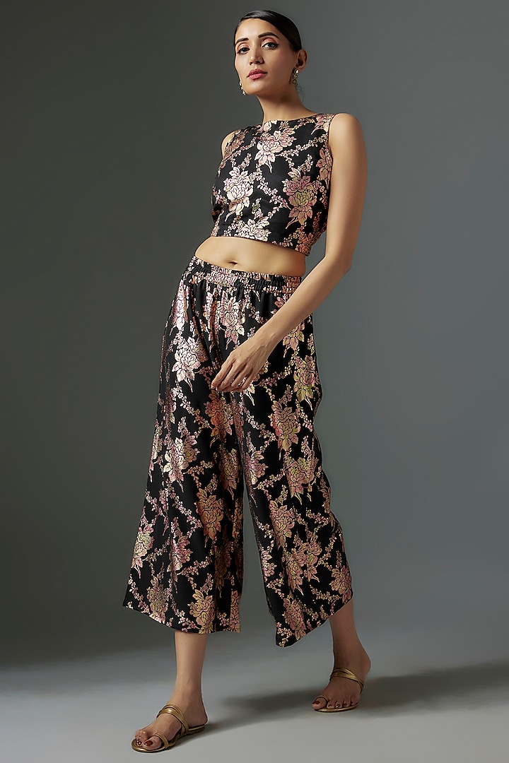 Black Recycled Polyester Foil Printed Pant Set by Phatakaa