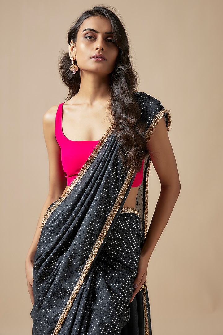 Charcoal Satin Georgette Foil Printed Party Wear Saree Set by Phatakaa at Pernia's Pop Up Shop