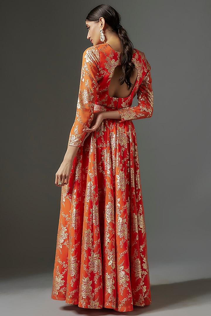 Orange Recycled Polyester Metallic Foil Printed Lehenga Set by Phatakaa at Pernia's Pop Up Shop