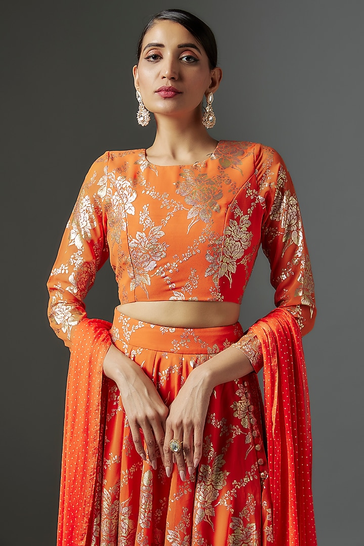 Orange Recycled Polyester Metallic Foil Printed Lehenga Set by Phatakaa at Pernia's Pop Up Shop