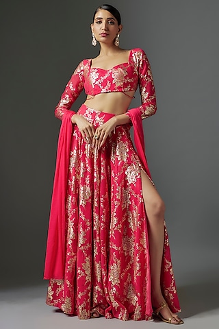 Rani Pink Recycled Polyester Metallic Foil Printed Lehenga Set by Phatakaa